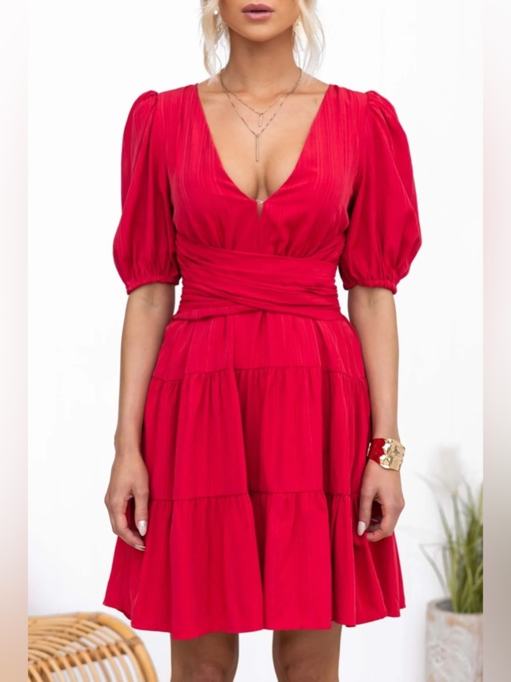 Roseason Hot Pink Mini Dress Size 12 NWT V-Neck Puff Sleeve Tiered Viscose Ramie - Picture 3 of 9